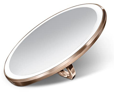 simplehuman ST3040 10cm Sensor Mirror Compact, Light Up Makeup Magnifying Mirror, 3x Magnification, Tru-Lux Light System, Ring Handle, 3 Brightness Settings, Rechargeable, Rose Gold Stainless Steel