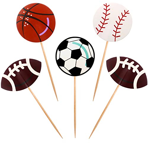 BLUE TOP 48pcs Two Side Sports Ball Cupcake Toppers Players Sports Theme Cupcake Picks Birthday Party Decor Football Baseball Basketball Rugby Decoration Picks