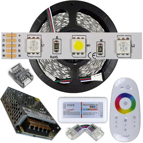 Mondo Strisce Led: Kit da 5 metri (1 Bobina+1 trasformatore da 60w +1Controller) RGB + Bianco Freddo, 300Led (Totali), 60Watt (Totali), 5.000 Lumen(Totali) 12V RGBW. Striscia Led Strip ip20