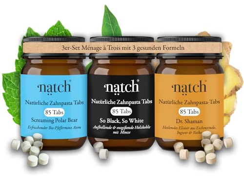 Ménage à Trois von Natch mit 3 Sorten gesunden Zahnputz-Tabletten, natürlich schäumend, vegan und Plastikfrei, ohne Fluorid