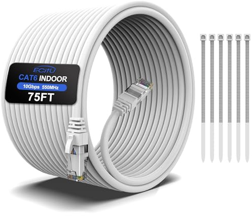 75FT Cat6 Ethernet Cable, Cat 6 Patch Cable, Cat6 Internet Cable, UTP Network Cable, Indoor and Outdoor, PoE, 24AWG CCA, Compatible for PC, Laptop, Router, Switch, Server, with 25 Cable Ties - White