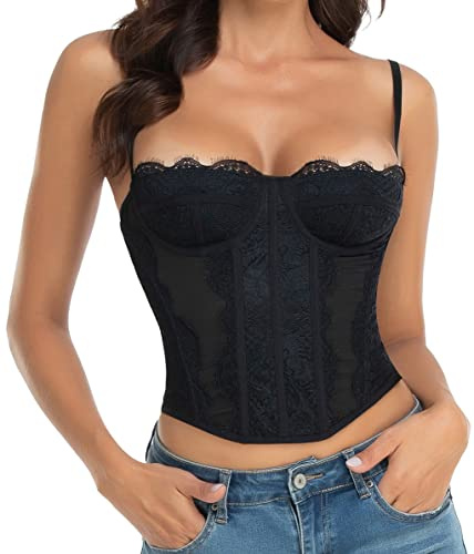 Raxnode, Bustino in pizzo da donna, sexy, per uscire, feste, club, con fibbia