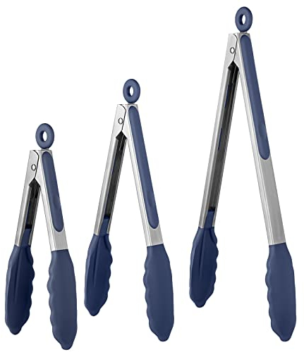 U-Taste Pince Cuisine Lot de 3 Pinces Barbecue en 18/8 Acier Inoxydable Ustensiles Cuisine avec Poignée Silicone Résistante à La Chaleur 315℃ Pince Buffet Anti-adhé, sans BPA (Bleu nuit)