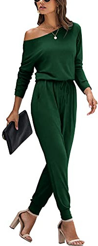 PCEAIIH Women's One Piece Jumpsuit Casual Loose Off Shoulder Long Sleeve Elastic Waist Stretchy Romper with Pockets XL Dark Green