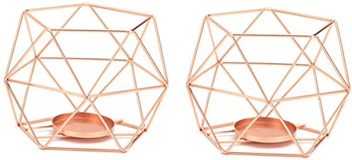 Teelichthalter Kerzenhalter 2er Set - Geometrisches Teelichter Metall Laterne Kerzenständer Stumpenkerze Windlicht Modern Eisen Kerzenleuchter, Esstisch Deko Tischdeko Party Hochzeit Wohnzimmer,Rose