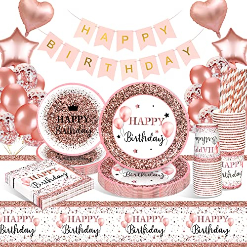 yosiio Geburtstag Partygeschirr Set, Pappteller Kindergeburtstag Set, Party Geschirr Geburtstagsdeko Mädchen mit Luftballons Happy Birthday Servietten Tischdecke Teller Becher für Babyparty 16 Gäste