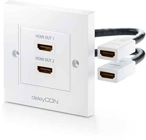 deleyCON Toma de Conexión Toma de Pared HDMI - 2x Puerto HDMI - Montaje en Superficie Cable de 15 cm en Ángulo de 45° - 3D FULL HD HDTV 4K 2160p