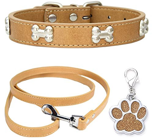 HALFSUMO Hundehalsband Leder Halsband Hundeleine Combo Set Hundehalsbänder Verstellbares Welpenhalsband für Kleine Mittelgroße Hunde Katzen Khaki XS