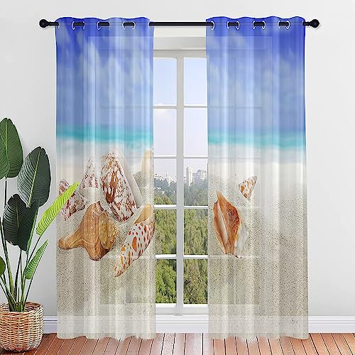 Hiseng Voile Vorhänge mit Ösen, Gardinen Halbtransparent 2er Set, Vorhang Gardinenschals Ösenschal Gardinen Wohnzimmer 3D-Meereslandschaftsdruck Curtains mit Schlaufen (140x275cm,Muschel)