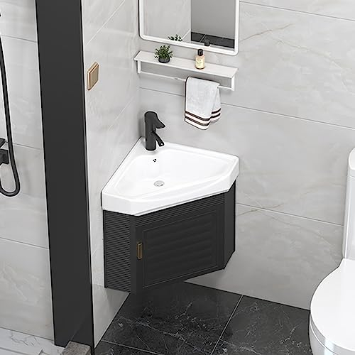 Mueble baño Lavabo,Fregadero de Esquina pequeña con Grifo, gabinete con Puertas combinadas, tocadores para gabinetes contemporáneos, Fregadero de Recipiente pequeño para baños (Color : Nero, Size :