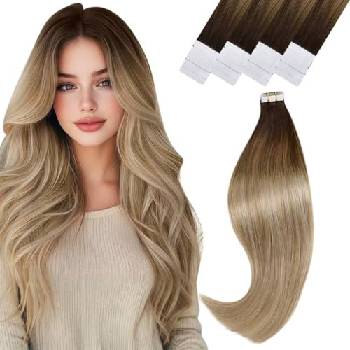 Vivien Extensions Echthaar Tape in Blond Echthaar Tape in Extensions Balayage Tape Echthaar Extensions Dunkelbraun Ombre Honigblond Platinblond #4/14/60 35cm 20PCS/50g