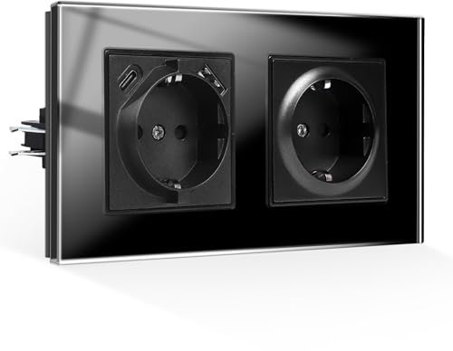 CNBINGO Doppelsteckdose mit USB Anschluss, 1× (USB-A und Typ-C Port Max.2,1 Amp total), Unterputz Steckdose mit Krallen, Schuko Steckdose mit Glasrahmen in Schwarz, 2-Fach