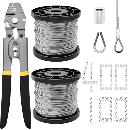 FGBNM Drahtseil-Crimpwerkzeug-Set, Edelstahl-Drahtseil-Kabel mit Aluminium-Crimphülsen und Edelstahl-Fingerhüten für Geländer, Terrassendielen, Bilderaufhängen (199,9 m), 2 SET