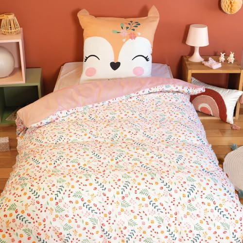 Parure de lit 140x200 cm Enfant - Housse de Couette 140x200 cm + 1 Taie d'oreiller 63x63 cm Motif imprimé biche Rose et Bleu – Set de Housse de Couette en Microfibre