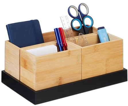 Relaxdays Bambus Organizer, 4-teiliges Set, Schreibtischutensilien, Kosmetik, für Büro, Bad, Ablageschale, Natur/schwarz, 11 x 28 x 17,5 cm