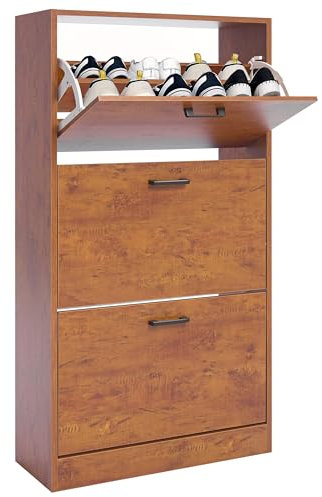 Blisswood 3 Drawer Shoe Cabinet Cupboard, Pull Down Shoe Storage Organiser Wooden Furniture Unit, 3 Tier Entryway Shoe Rack Cabinet Footwear Stand for Living Room Hallway Furniture (Oak)