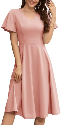 Bridesmay Robes d'invités de mariage 2025 à manches courtes modeste trapèze midi robe de soirée d'église, rose poudré, Taille L