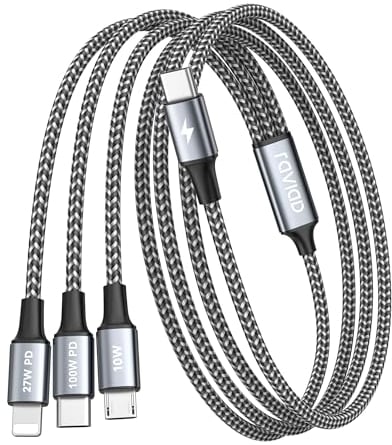 RAVIAD 100W USB C Multi Charger Cable [1.2M] 3 in 1 Fast Charging Cable with E-Mark Chip, USB C PD [100W]+Lightning[27W]+Micro[10W] for Galaxy S24/S23, iPhone 15/14/13, MacBook Pro/Air, Pad Pro/Air