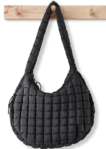 Gesteppte Tragetasche für Damen, Puffy Tragetasche, gesteppte Tasche, leicht, gesteppt, gepolstert, Schultertasche, Puffy Crossbody Bag, Schwarz, Large