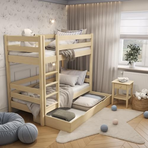 N-wood N01 Letto a castello con Casetto 90x190, 100% Legno massello, Letto per bambini e adulti, Funzione di 2 letti singoli, Scala universale, 2 Strutture inclusa, Bordi arrotondati, Pino chiaro