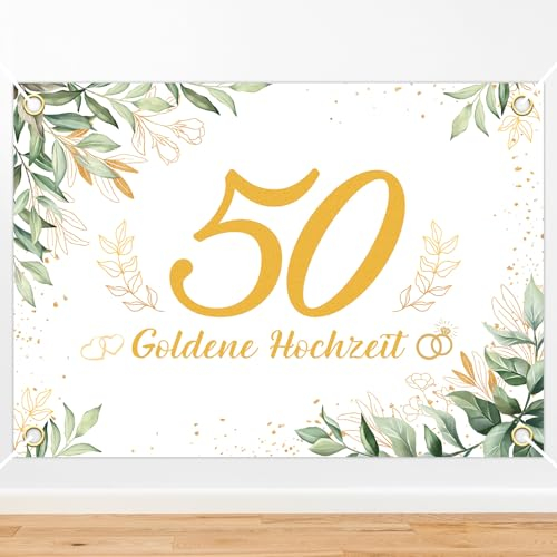 HAKOTOM Goldene Hochzeit Hintergrund 170x120cm 50. Hochzeitstag Banner 50 Jubiläum Hochzeit Deko Grünes Blatt Hochzeitsbanner 50 Jahrestag Hochzeitdeko für Drinnen Draußen Paare Feier