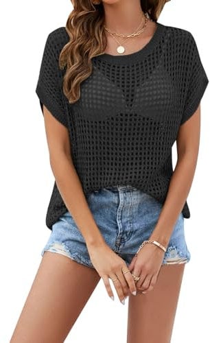 MINTLIMIT Women's Crochet Cover Up Top Summer Hollow Out Knit Beach Coverups Short Sleeve Pullover Swimsuit Top 2025
