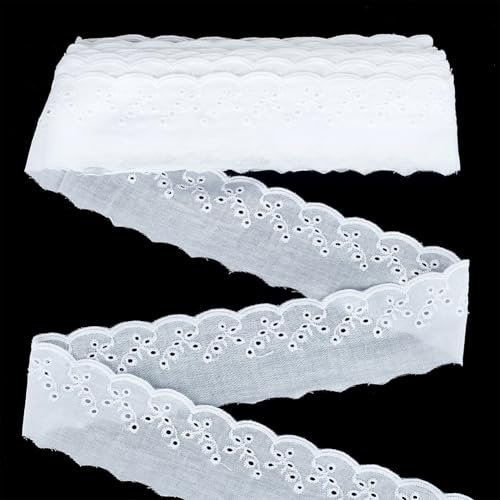 FINGERINSPIRE 13.7 m Weiße Ösen Baumwollborte 60mm Breit Baumwoll Spitzenbesatz Florale Stickerei Spitzenbesatz Gewellter Rand Florales Baumwoll Spitzenband Zum Nähen von Kleidern Kleidung Taschen