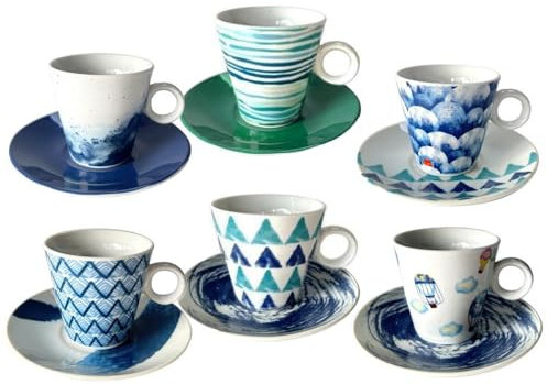 PALUPLUS Set 6 Tazzine Caffè con Piattino in Porcellana da 80 ml, Tazze da Espresso con manico, Lavabili in Lavastoviglie, adatte per Microonde, FANTASIA OCEAN -268