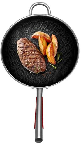 Padella in acciaio inox, 32 cm, con struttura a nido d'ape e coperchio trasparente, spessore superconduttore di energia, antiaderente di alta qualità, compatibile con fornelli a gas, a induzione, in