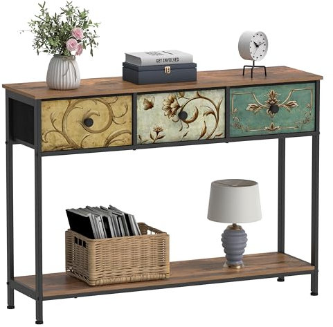 VEDECASA Table console avec 3 tiroirs en tissu - Table de couloir avec compartiments de rangement ouverts - Table basse pour couloir, salon, chambre à coucher - Cadre en bois - Montage facile - Marron