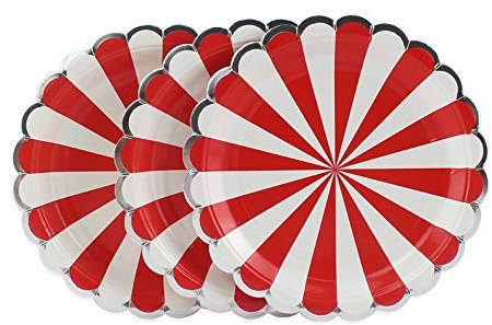 Piatti di carta rotondi a righe rosse, 17,8 cm, 24 pezzi, biodegradabili, piatti decorativi per feste di compleanno, celebrazioni, Natale, laurea, Ringraziamento