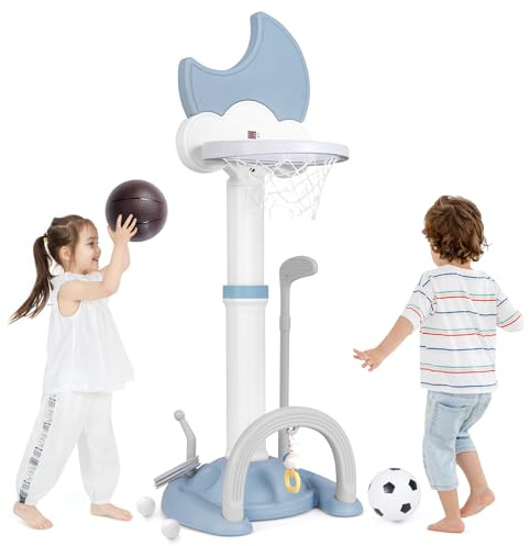 COSTWAY 4 en 1 Panier de Basket Enfant en Forme Lune (Bleu) | Aire de Jeu Sportive avec avec Hauteur Réglable, Football, Golf et Jeu de Anneaux, Tableau d’affichage pour Enfant de 3 Ans+