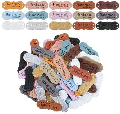 Dimeho 75 Stück Handmade Label zum Annähen PU Leder Etiketten Handgefertigte Lederetiketten Kunstleder Aufnäh-Etiketten Mikrofaser Gewebte Lederetiketten mit Liebesherzen für Hüte Schals Jeans DIY