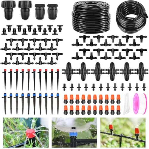200FT+40FT Irrigation System Kit, Automatic Watering System with 8/11mm Main Irrigation Tubing 4/7mm Distribution Tubing and Accessories, Drip Irrigation System for Greenhouse, Yard, Lawn, Plant