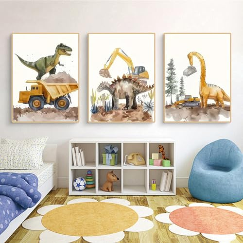 Uixxducc 3er Set Poster für Kinderzimmer Poster Tiere Dino Baggern Bilder Babyzimmer - Wandbilder Schlafzimmer Babyzimmer Wanddeko Junge ohne Rahmen