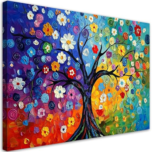Feeby Leinwand Bilder - Bunter Baum des Lebens - Canvas 90x60 cm - Deko Wohnzimmer - Wandbilder Schlafzimmer - Deko Aesthetic - Wand Deko - Leinwand Groß - Deko Zimmer - Leinwandbilder XXL