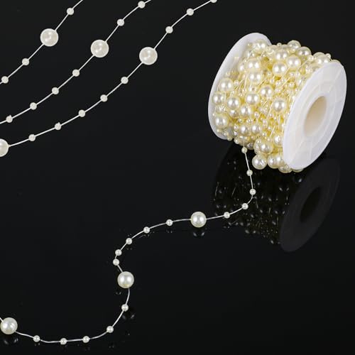 Pearls String Garland Decoration Artificial Beads Chain for Crafts, Faux Pearl Garland Roll Strand for Wedding Party Flower Centerpiece Bouquet Christmas Tree Party Decoration 8+3mm, 10m