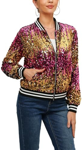 YYPBI Damen Pailletten Jacke Bomberjacke langärmelig glitzernder Bomber Jacke Metallic Festival Konzert Party Jacke mit Taschen