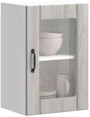 Zeehear Küchen-Hängeschrank mit Glastür Lucca, Grau Sonoma, 40x31x60 cm, Holzwerkstoff, Wandmontage für Geschirr, Töpfe, Gläser, viel Stauraum