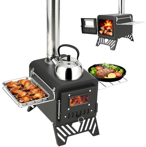 Camping Wood Stove, Portable Tent Heater with 5 Chimney Pipes, Outdoor Cooking Burner with Pot Hole, Side Shelves, Hot Tent Stove, Foldable Log Burner for Winter Camp Cooking