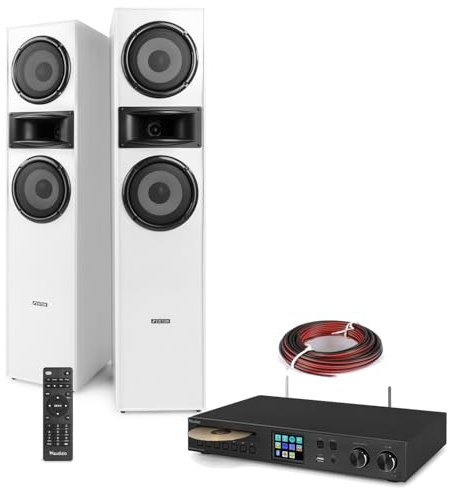 Fenton Floor Standing HiFi Speaker System with Bluetooth, CD, DAB+ and Internet Radio, Complete Tower Stereo System with 2 White 3-Way Speakers, 120W Receiver and 10m Cable