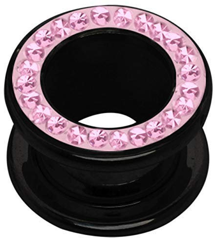 Acryl Ohr Piercing Epoxy Flesh Tunnel schwarz mit Steinen in rosa, 10 mm Ø