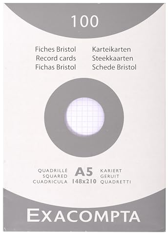 Exacompta 13208E 100er Pack Karteikarten kariert DIN A5 in Folie eingeschweißt 14,8 x 21 cm ideal für die Schule und Universität zum Lernen weiß, 205 g