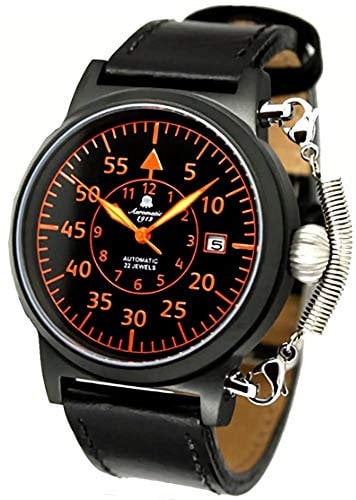 Aeromatic Deutscher Pilot Automatikuhr Spezialfeder Krone Safe System Vintage Design Modell A1332, Schwarz , Large, Riemen