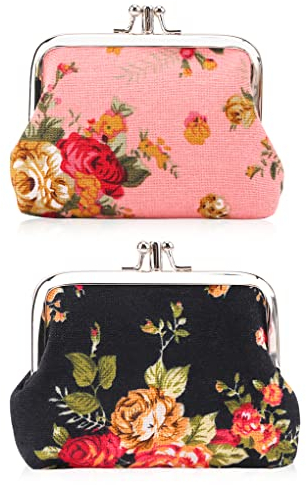 Oyachic 2 Pièces Floral Porte Monnaie Clic Clac Canvas Coin Purse Kiss Lock Clasp Vintage Portefeuille Clip Pochette Toile Femmes Fille(Rosa + Negro)