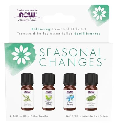 NOW Essential Oils, Seasonal Changes Balancing Aromatherapy Kit, 4x10ml Including Tea Tree, Eucalyptus Radiata, Clear the Air and Nature’s Shield Oil Blend With Child Resistant Caps