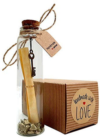 Little Jar of Big Ideas - Petite Message in a Bottle with Love Key Pendant & Gold Pebbles - Thoughtful Gift - Unique Present - Artisan Handcrafted Gift