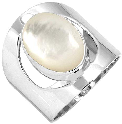 Jeweloporium 925 Silber Ringe für Damen Weiß Echt Perlmutt Edelstein Boho Silber Ringe Größe 50(15.9) Halloween Geschenk Handgefertigt Schmuck