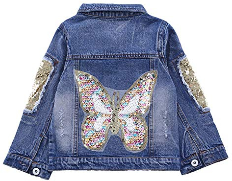 Peacolate 3-11 Jahre Mädchen Denim Jacke Schmetterlings Pailletten Mantel(Schmetterling.3-4J)