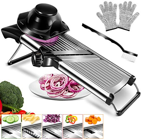 MASTERTOP Gemüsehobel Edelstahl, 5 in 1 Multifunktion Verstellbar Professioneller Gemüsehobel Verstellbar Edelstahl Gurkenhobel, Spülmaschinengeeignet mit 1 Anti-Schneid-Handschuhe+1 Reinigungsbürste